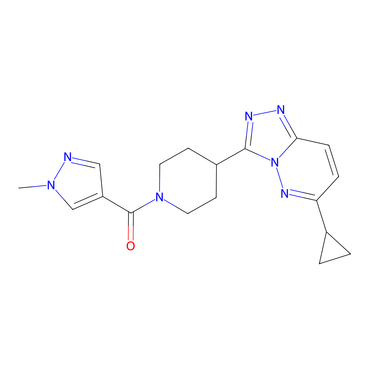 4-{6-cyclopropyl-[1,2,4]triazolo[4,3-b]pyridazin-3-yl}-1-(1-methyl-1H-pyrazole-4-carbonyl)piperidine molecular structure, CAS 2415466-56-5