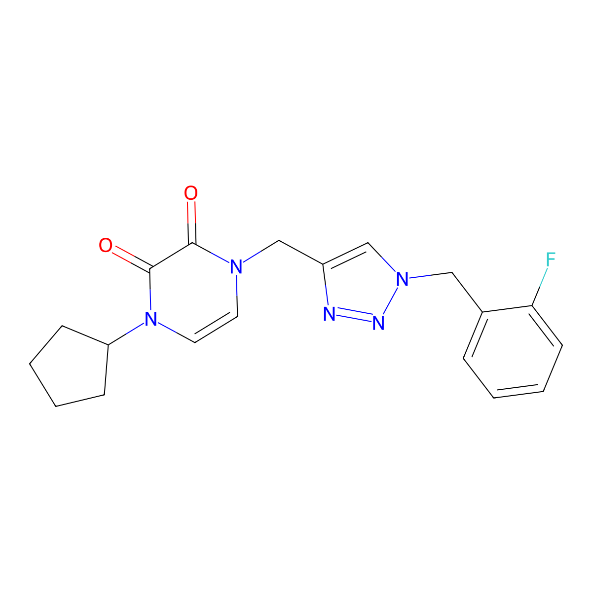 1-cyclopentyl-4-({1-[(2-fluorophenyl)methyl]-1H-1,2,3-triazol-4-yl}methyl)-1,2,3,4-tetrahydropyrazine-2,3-dione molecular structure, CAS 2415466-60-1