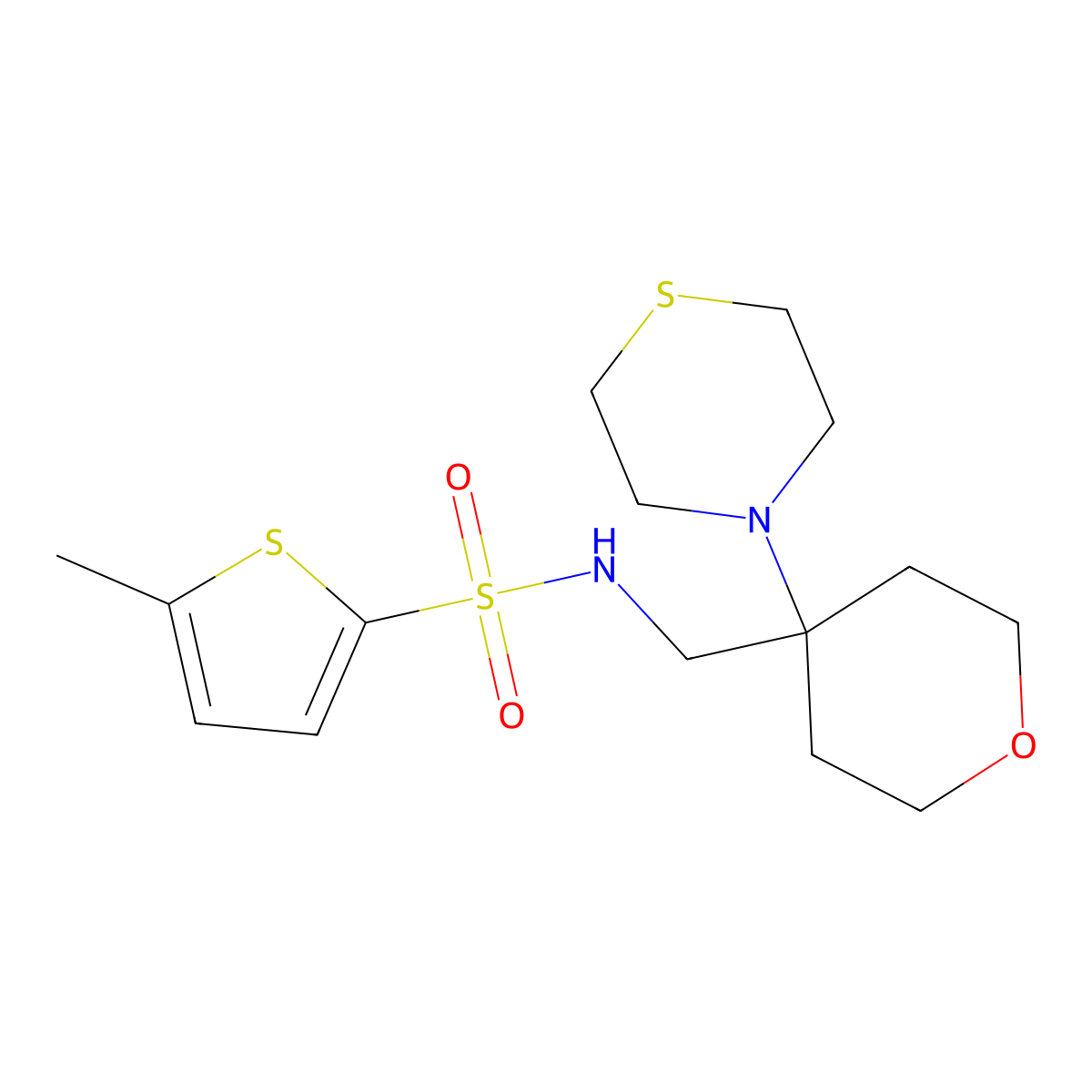 5-methyl-N-{[4-(thiomorpholin-4-yl)oxan-4-yl]methyl}thiophene-2-sulfonamide molecular structure, CAS 2415466-63-4