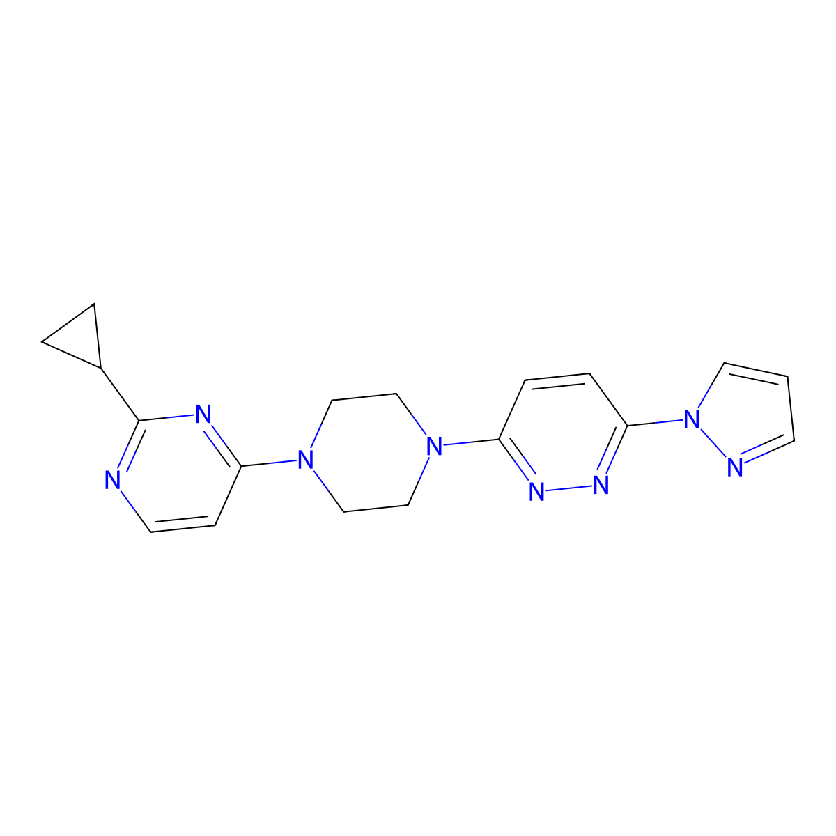 2-cyclopropyl-4-{4-[6-(1H-pyrazol-1-yl)pyridazin-3-yl]piperazin-1-yl}pyrimidine molecular structure, CAS 2415468-27-6