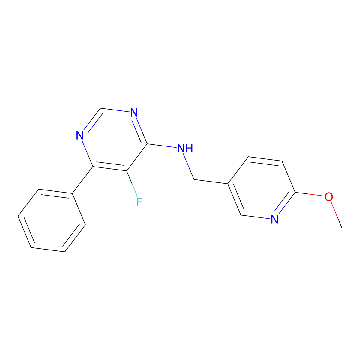 5-Fluoro-N-[(6-methoxypyridin-3-yl)methyl]-6-phenylpyrimidin-4-amine molecular structure, CAS 2415468-29-8