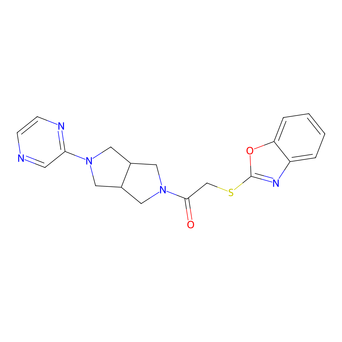 2-(1,3-Benzoxazol-2-ylsulfanyl)-1-[5-(pyrazin-2-yl)-octahydropyrrolo[3,4-c]pyrrol-2-yl]ethan-1-one molecular structure, CAS 2415468-30-1