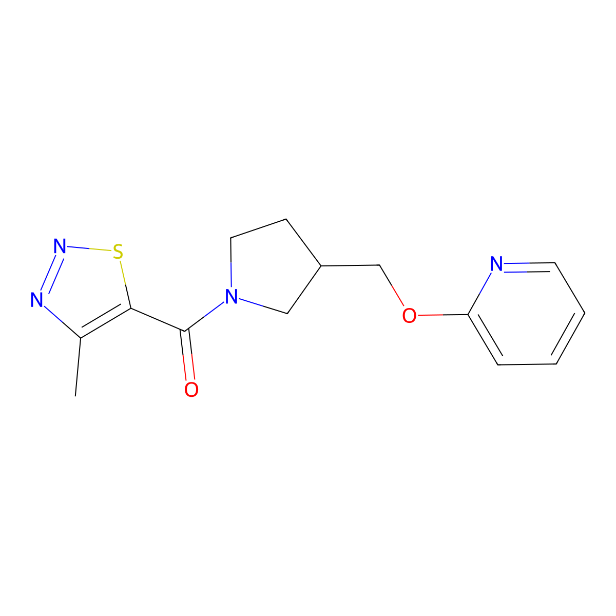 2-{[1-(4-Methyl-1,2,3-thiadiazole-5-carbonyl)pyrrolidin-3-yl]methoxy}pyridine molecular structure, CAS 2415468-37-8