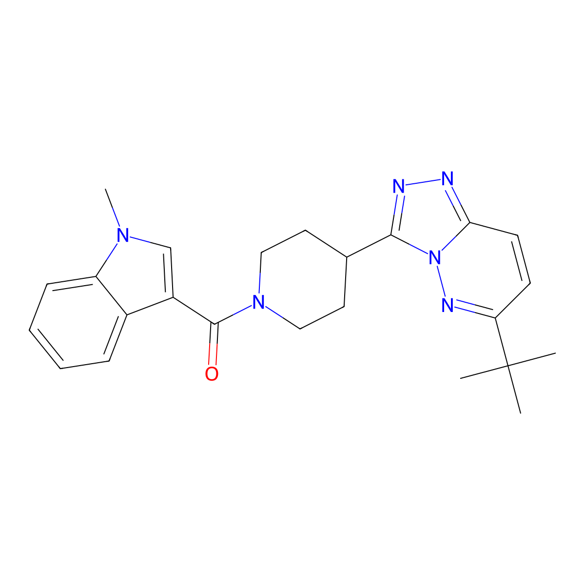 3-(4-{6-tert-butyl-[1,2,4]triazolo[4,3-b]pyridazin-3-yl}piperidine-1-carbonyl)-1-methyl-1H-indole molecular structure, CAS 2415468-38-9