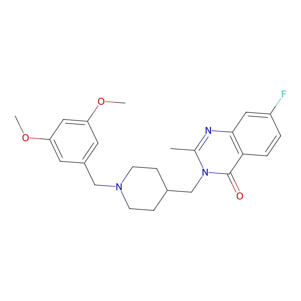 3-({1-[(3,5-Dimethoxyphenyl)methyl]piperidin-4-yl}methyl)-7-fluoro-2-methyl-3,4-dihydroquinazolin-4-one molecular structure, CAS 2415468-43-6