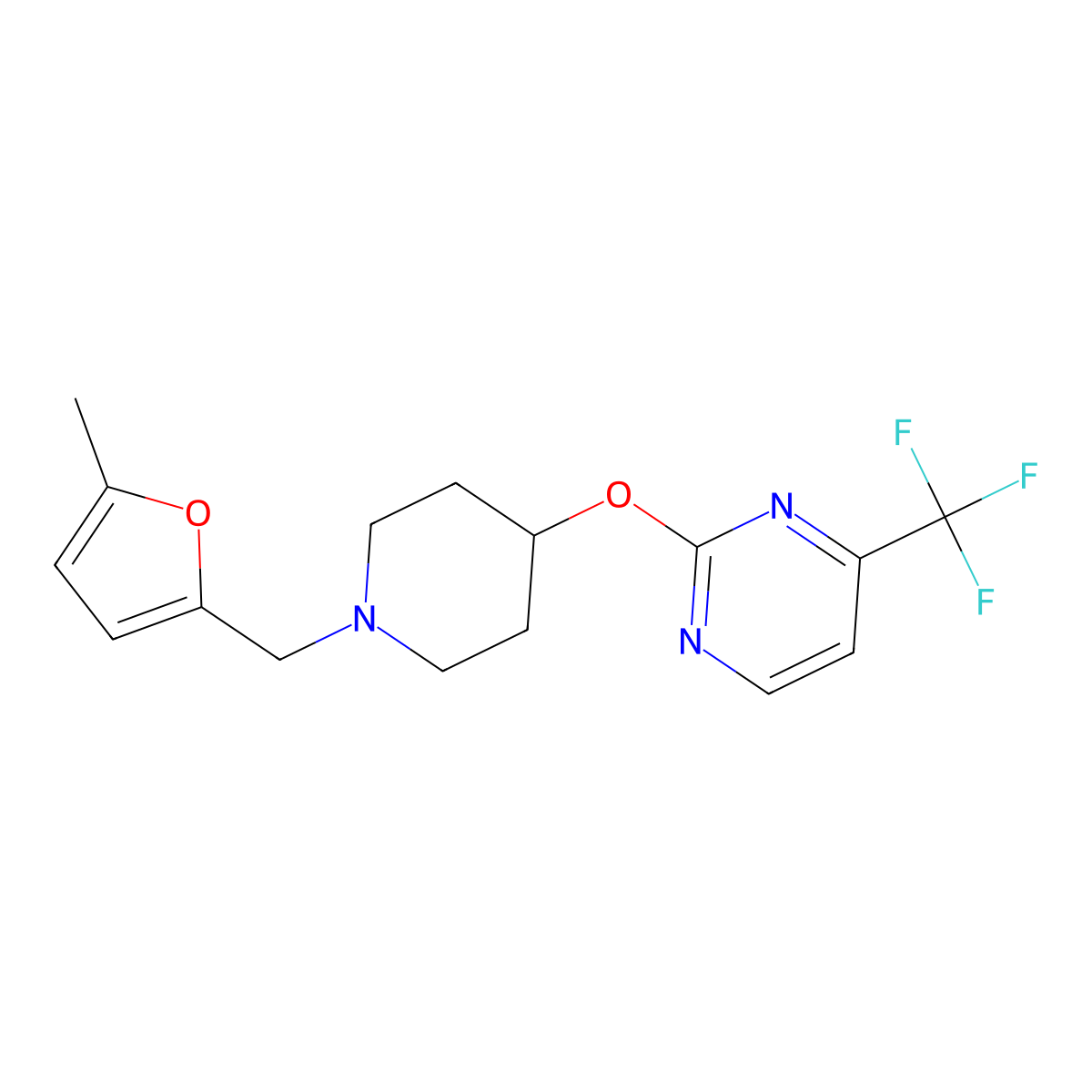 2-({1-[(5-Methylfuran-2-yl)methyl]piperidin-4-yl}oxy)-4-(trifluoromethyl)pyrimidine molecular structure, CAS 2415468-60-7