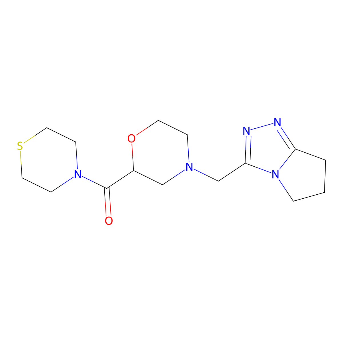 4-({5H,6H,7H-pyrrolo[2,1-c][1,2,4]triazol-3-yl}methyl)-2-(thiomorpholine-4-carbonyl)morpholine molecular structure, CAS 2415468-71-0