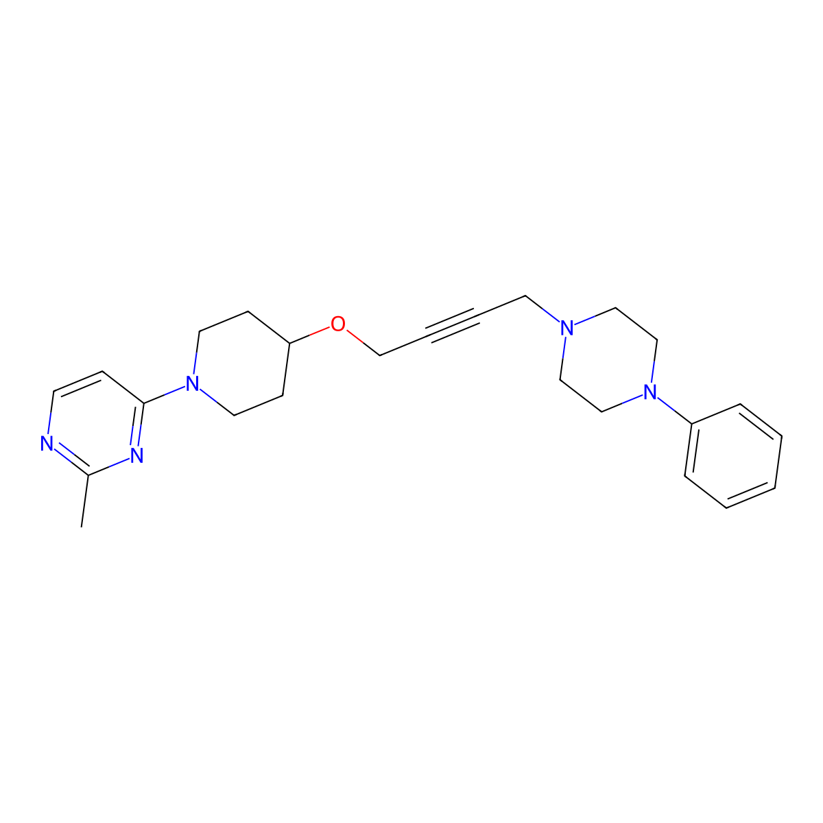 2-Methyl-4-(4-{[4-(4-phenylpiperazin-1-yl)but-2-yn-1-yl]oxy}piperidin-1-yl)pyrimidine molecular structure, CAS 2415468-72-1