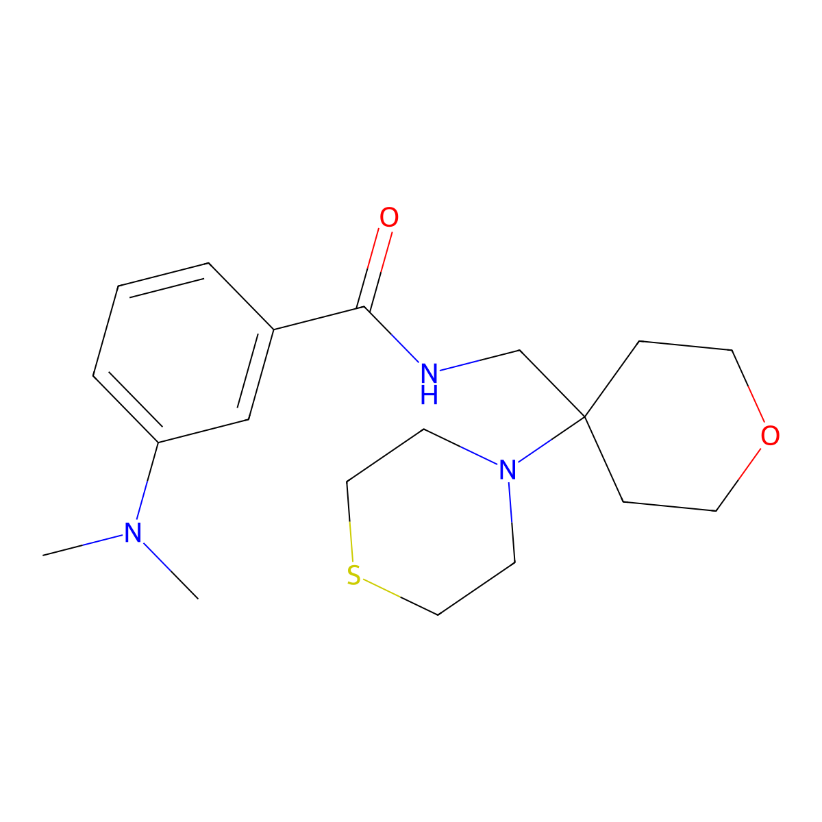 3-(dimethylamino)-N-{[4-(thiomorpholin-4-yl)oxan-4-yl]methyl}benzamide molecular structure, CAS 2415468-74-3