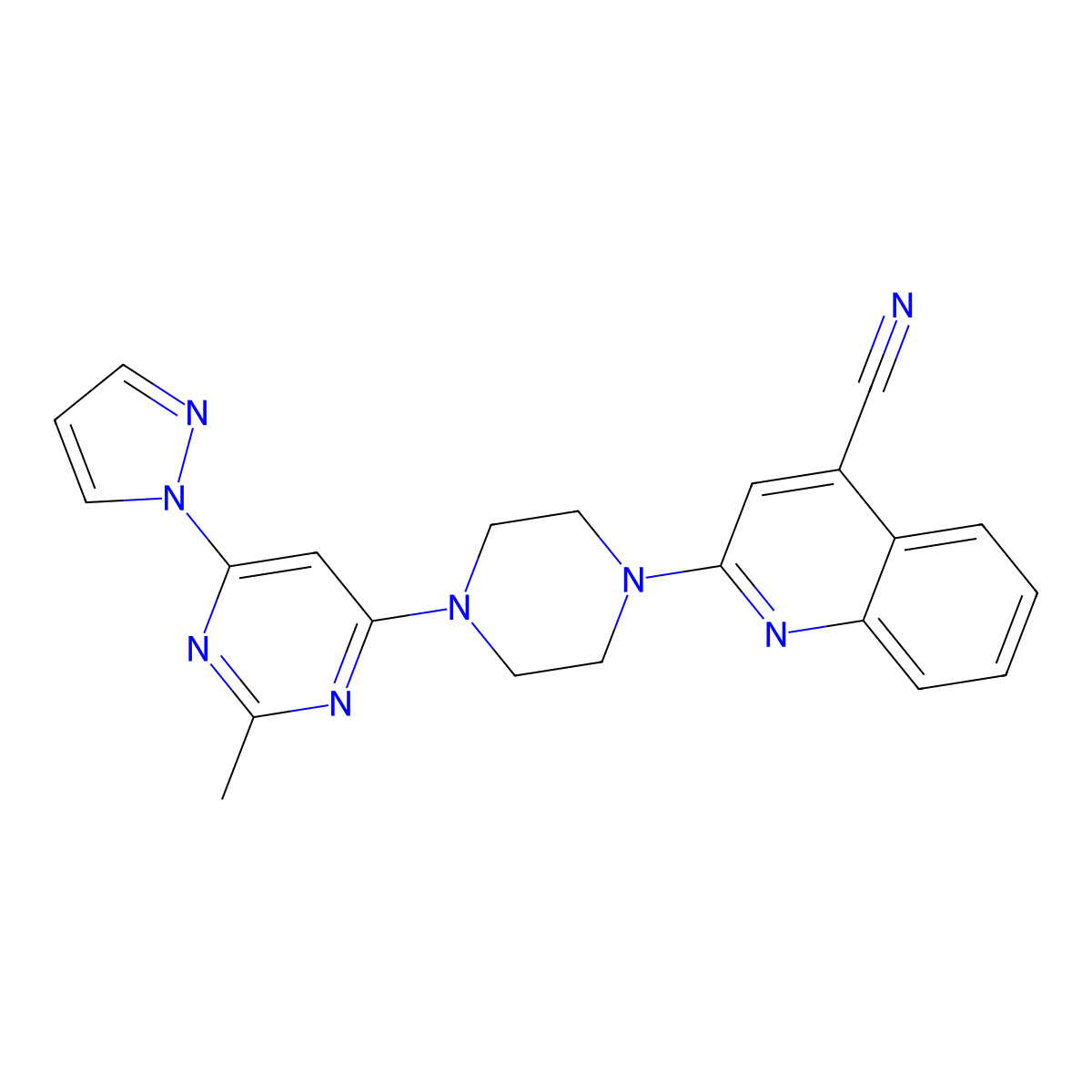 2-{4-[2-methyl-6-(1H-pyrazol-1-yl)pyrimidin-4-yl]piperazin-1-yl}quinoline-4-carbonitrile molecular structure, CAS 2415468-82-3