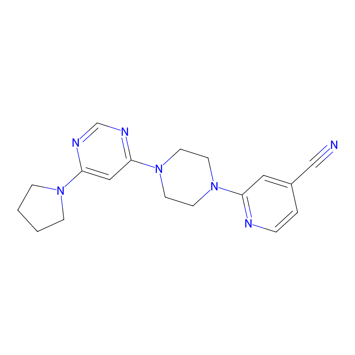 2-{4-[6-(Pyrrolidin-1-yl)pyrimidin-4-yl]piperazin-1-yl}pyridine-4-carbonitrile molecular structure, CAS 2415468-86-7