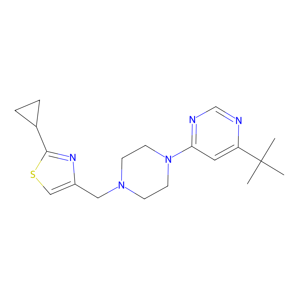 4-Tert-butyl-6-{4-[(2-cyclopropyl-1,3-thiazol-4-yl)methyl]piperazin-1-yl}pyrimidine molecular structure, CAS 2415468-91-4