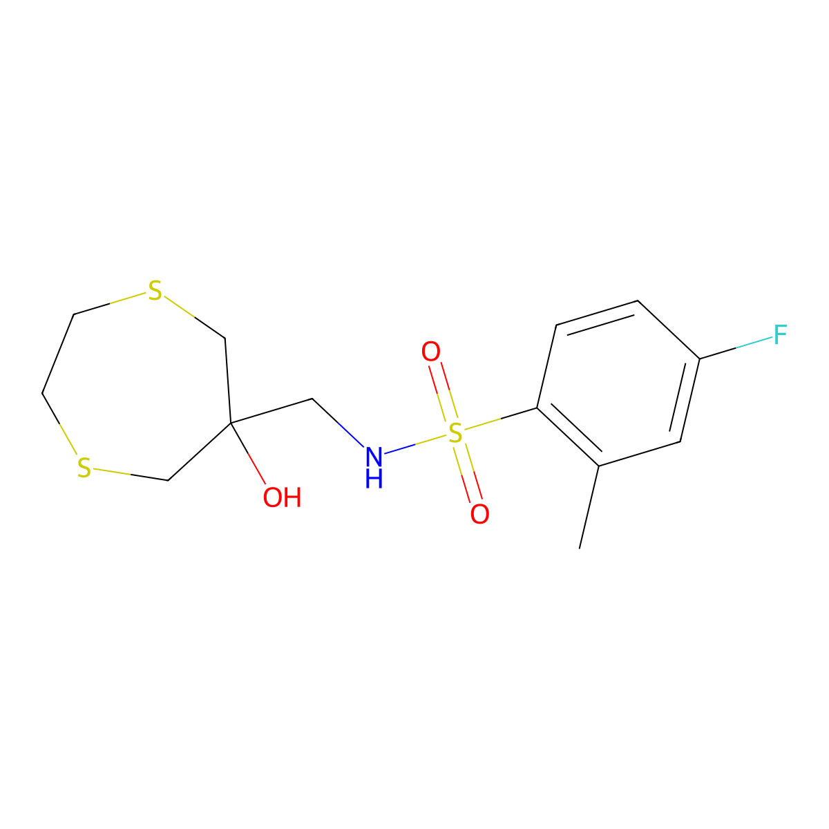 4-fluoro-N-[(6-hydroxy-1,4-dithiepan-6-yl)methyl]-2-methylbenzene-1-sulfonamide molecular structure, CAS 2415468-94-7