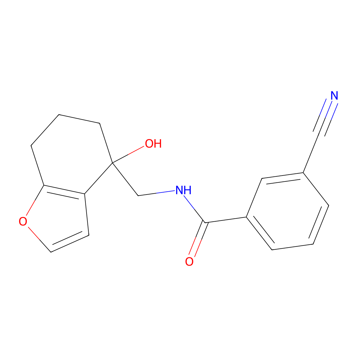 3-cyano-N-[(4-hydroxy-4,5,6,7-tetrahydro-1-benzofuran-4-yl)methyl]benzamide molecular structure, CAS 2415468-97-0