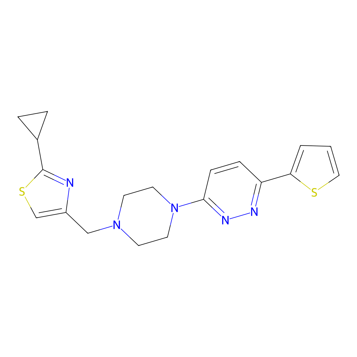 3-{4-[(2-Cyclopropyl-1,3-thiazol-4-yl)methyl]piperazin-1-yl}-6-(thiophen-2-yl)pyridazine molecular structure, CAS 2415469-03-1