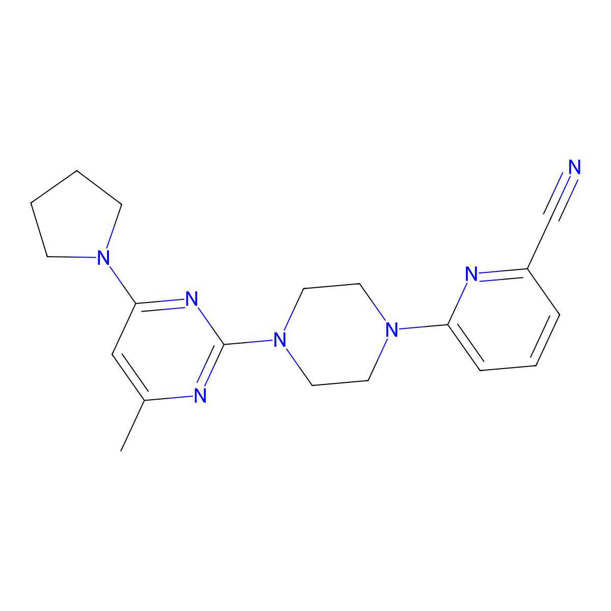 6-{4-[4-Methyl-6-(pyrrolidin-1-yl)pyrimidin-2-yl]piperazin-1-yl}pyridine-2-carbonitrile molecular structure, CAS 2415469-06-4