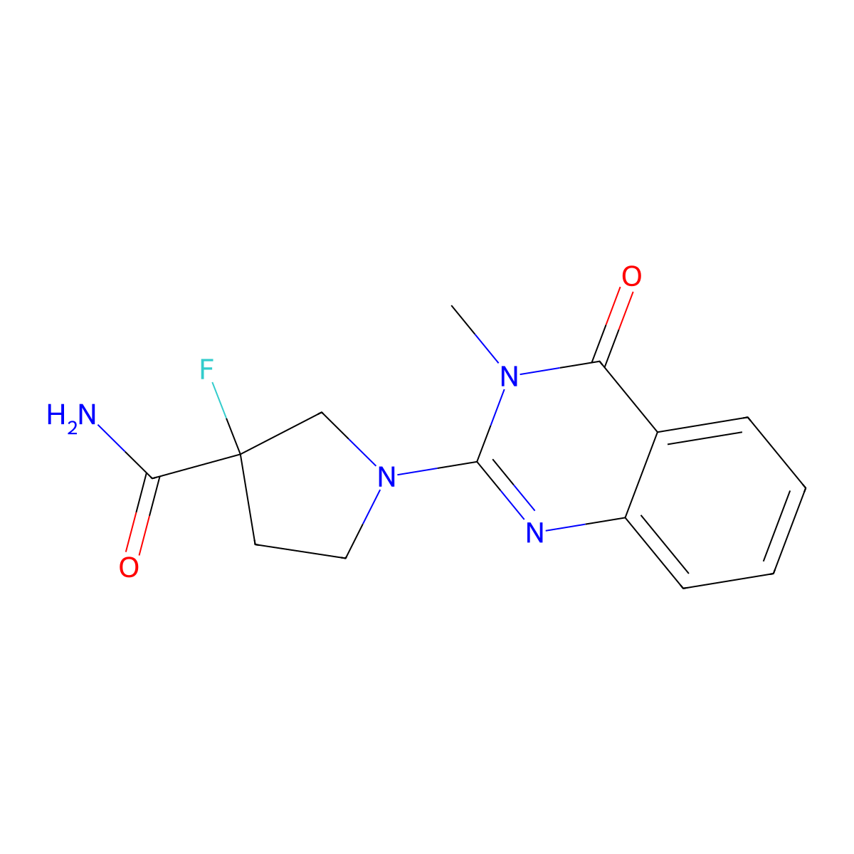 3-Fluoro-1-(3-methyl-4-oxo-3,4-dihydroquinazolin-2-yl)pyrrolidine-3-carboxamide molecular structure, CAS 2415469-09-7