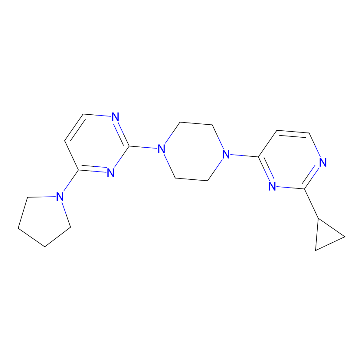 2-[4-(2-Cyclopropylpyrimidin-4-yl)piperazin-1-yl]-4-(pyrrolidin-1-yl)pyrimidine molecular structure, CAS 2415469-35-9