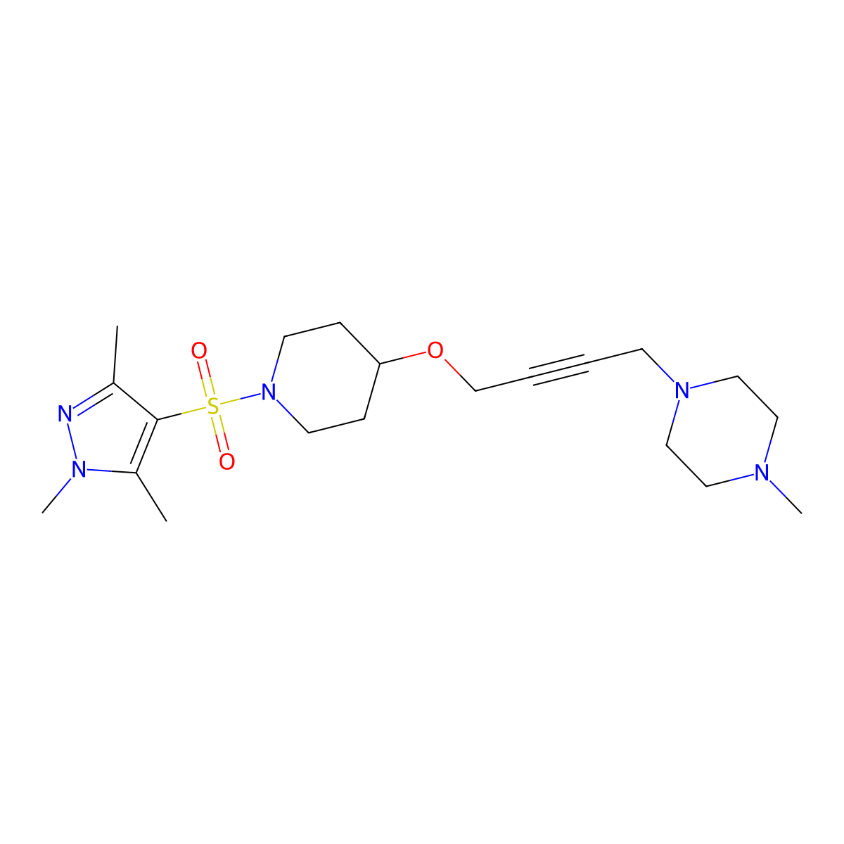 1-methyl-4-[4-({1-[(1,3,5-trimethyl-1H-pyrazol-4-yl)sulfonyl]piperidin-4-yl}oxy)but-2-yn-1-yl]piperazine molecular structure, CAS 2415469-38-2
