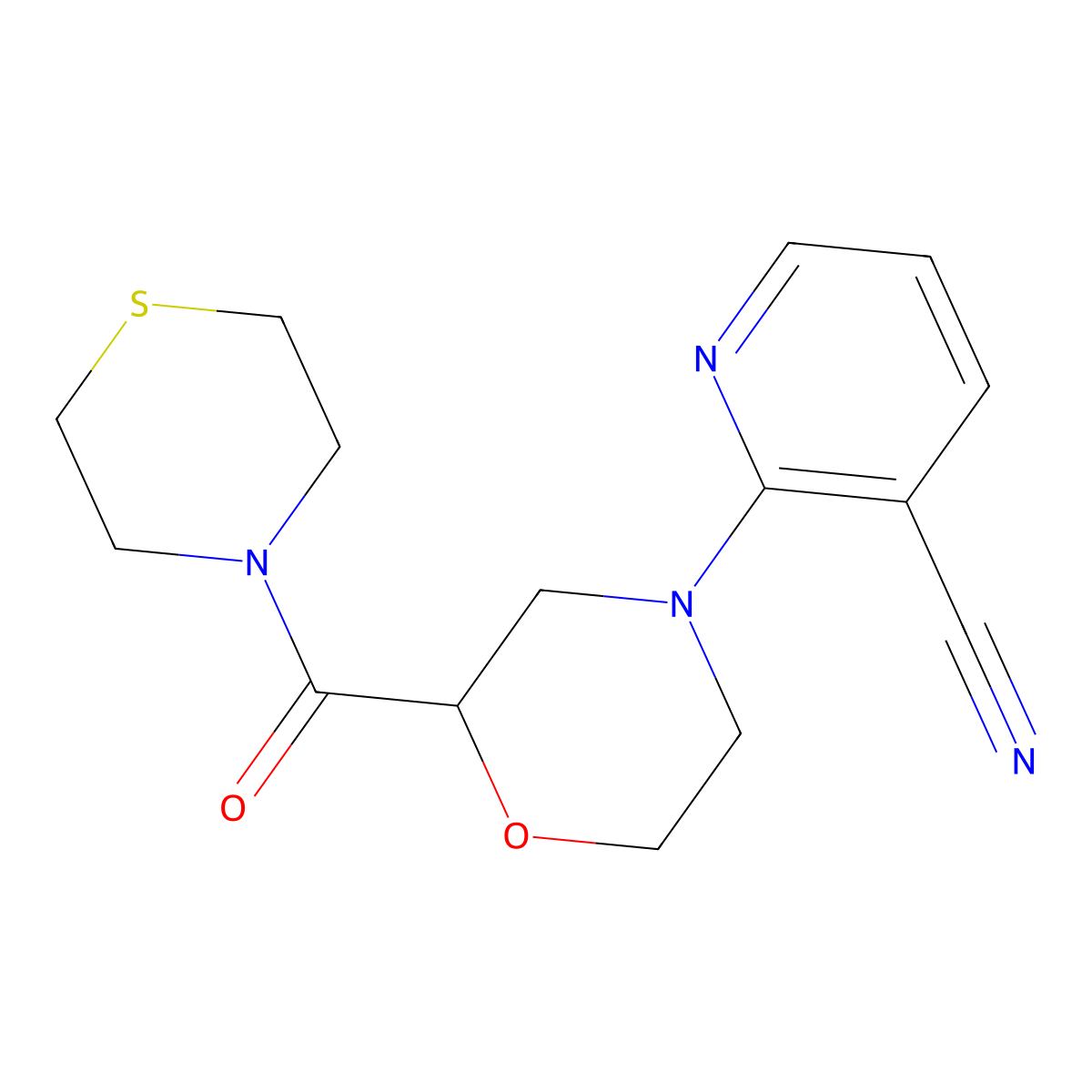 2-[2-(Thiomorpholine-4-carbonyl)morpholin-4-yl]pyridine-3-carbonitrile molecular structure, CAS 2415469-41-7