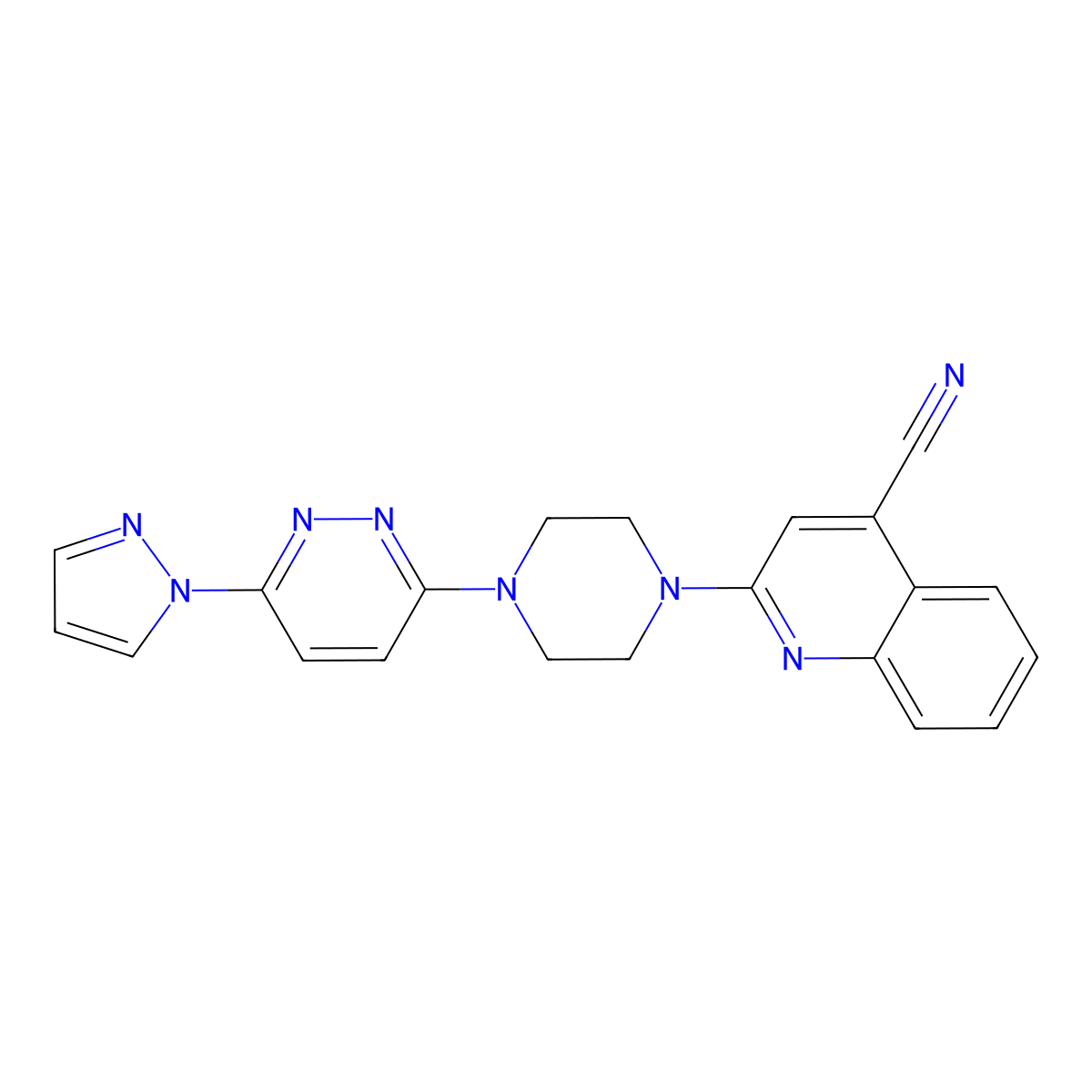 2-{4-[6-(1H-pyrazol-1-yl)pyridazin-3-yl]piperazin-1-yl}quinoline-4-carbonitrile molecular structure, CAS 2415469-42-8