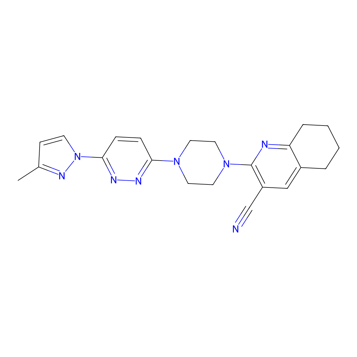 2-{4-[6-(3-methyl-1H-pyrazol-1-yl)pyridazin-3-yl]piperazin-1-yl}-5,6,7,8-tetrahydroquinoline-3-carbonitrile molecular structure, CAS 2415469-44-0