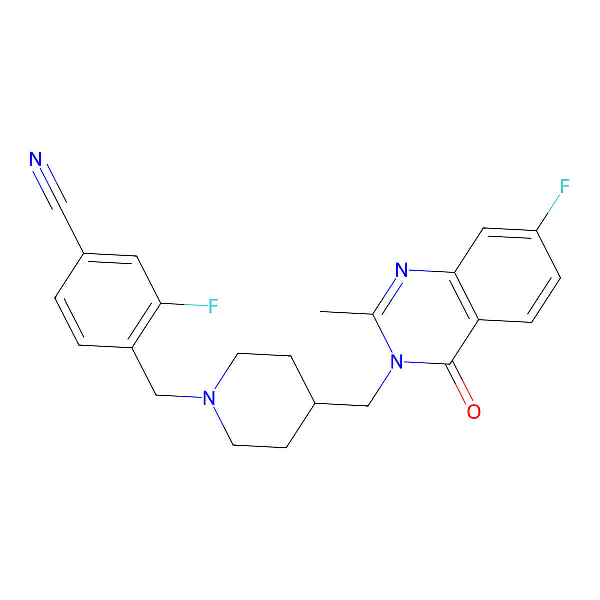 3-Fluoro-4-[[4-[(7-fluoro-2-methyl-4-oxoquinazolin-3-yl)methyl]piperidin-1-yl]methyl]benzonitrile molecular structure, CAS 2415469-46-2