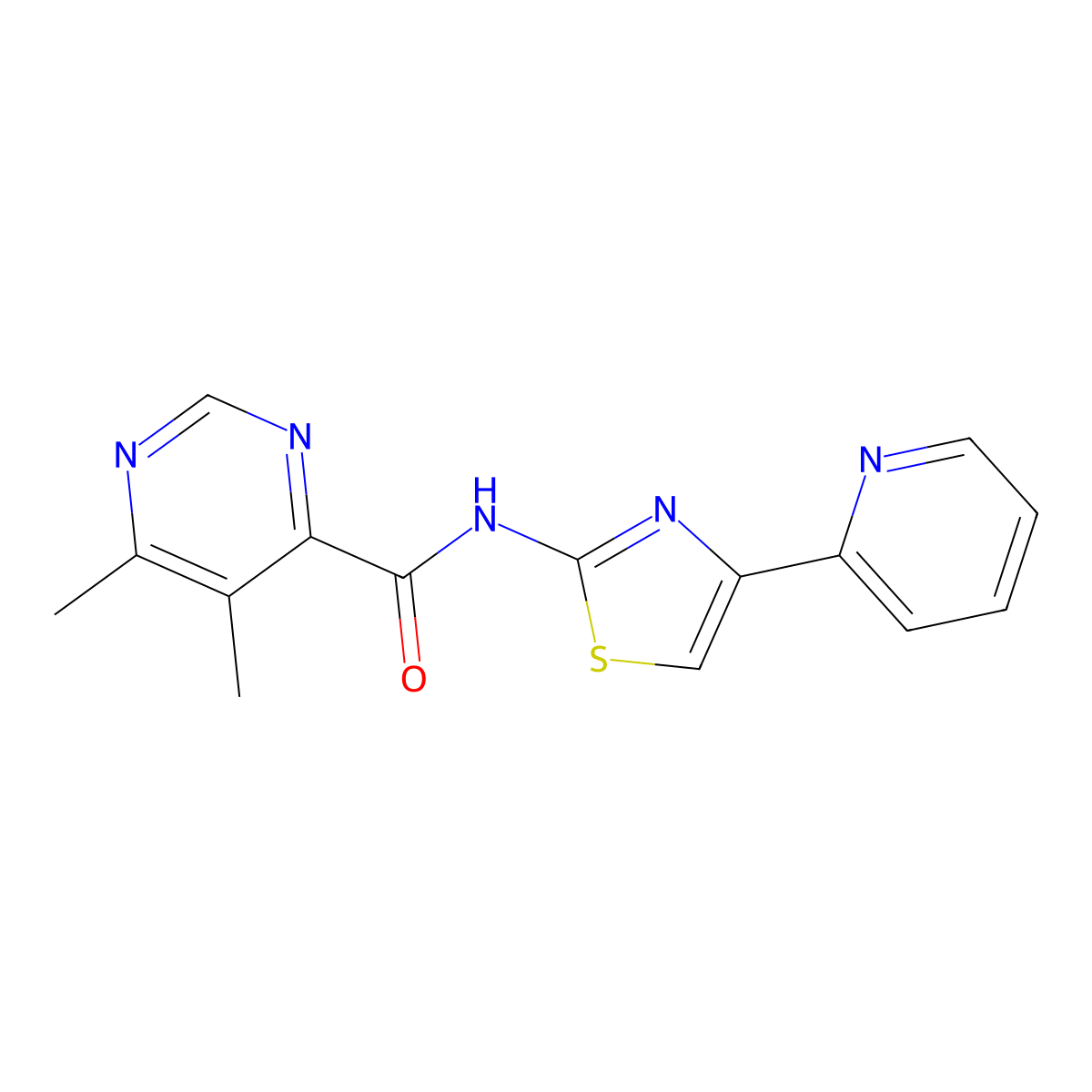 5,6-dimethyl-N-[4-(pyridin-2-yl)-1,3-thiazol-2-yl]pyrimidine-4-carboxamide molecular structure, CAS 2415469-51-9