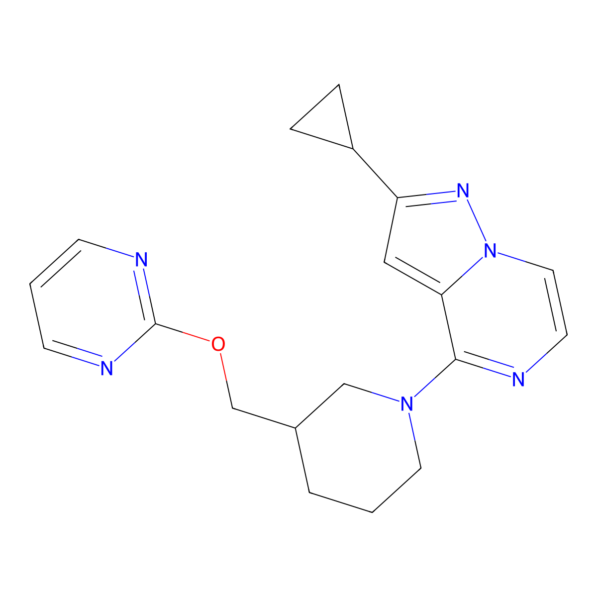 2-[(1-{2-Cyclopropylpyrazolo[1,5-a]pyrazin-4-yl}piperidin-3-yl)methoxy]pyrimidine molecular structure, CAS 2415469-57-5