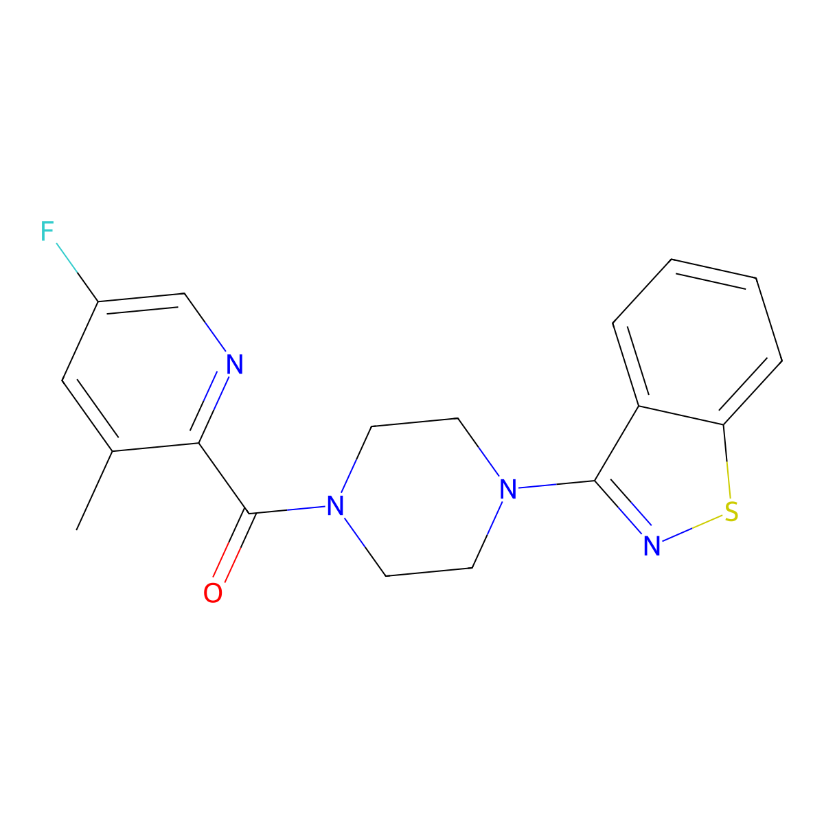 3-[4-(5-Fluoro-3-methylpyridine-2-carbonyl)piperazin-1-yl]-1,2-benzothiazole molecular structure, CAS 2415469-70-2