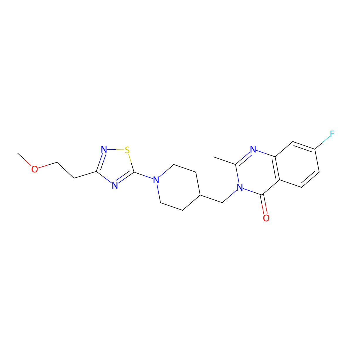 7-Fluoro-3-({1-[3-(2-methoxyethyl)-1,2,4-thiadiazol-5-yl]piperidin-4-yl}methyl)-2-methyl-3,4-dihydroquinazolin-4-one molecular structure, CAS 2415469-80-4