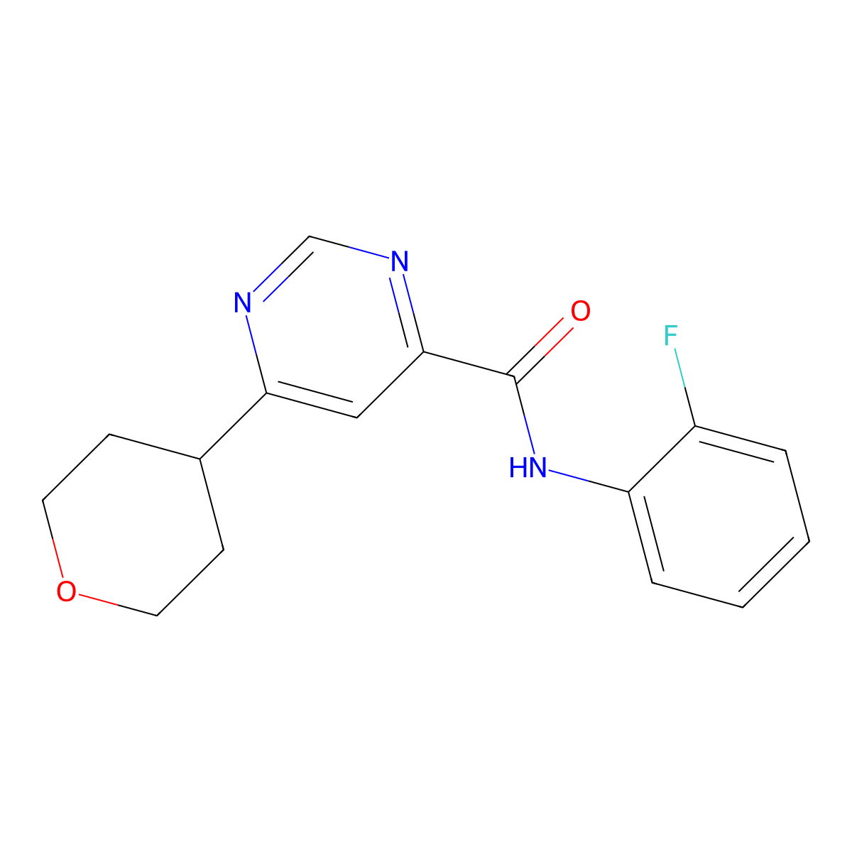 N-(2-Fluorophenyl)-6-(oxan-4-yl)pyrimidine-4-carboxamide molecular structure, CAS 2415469-90-6