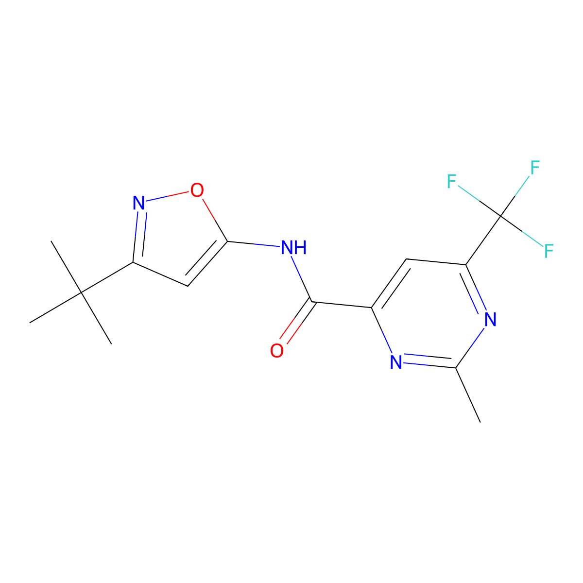 N-(3-Tert-butyl-1,2-oxazol-5-yl)-2-methyl-6-(trifluoromethyl)pyrimidine-4-carboxamide molecular structure, CAS 2415470-00-5