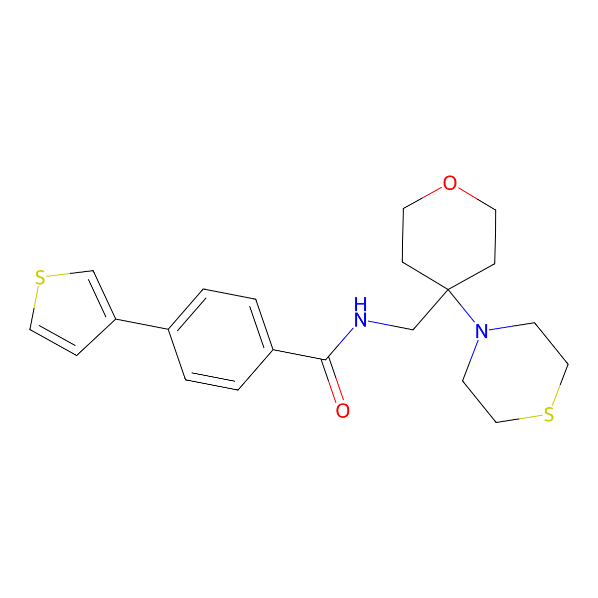 N-{[4-(thiomorpholin-4-yl)oxan-4-yl]methyl}-4-(thiophen-3-yl)benzamide molecular structure, CAS 2415470-05-0