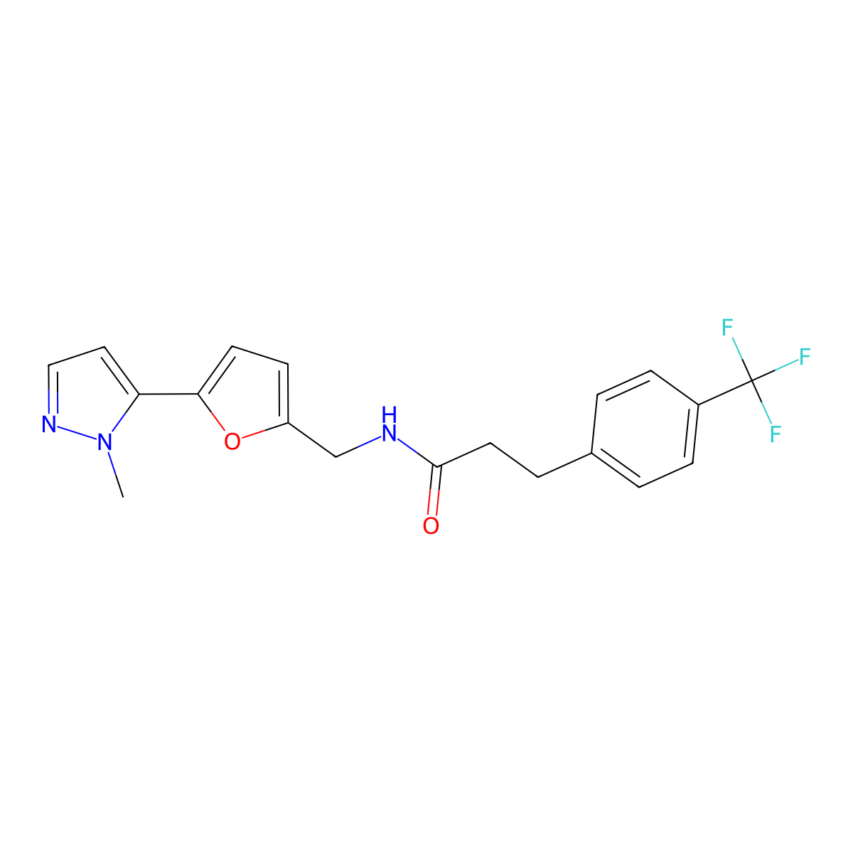N-{[5-(1-methyl-1H-pyrazol-5-yl)furan-2-yl]methyl}-3-[4-(trifluoromethyl)phenyl]propanamide molecular structure, CAS 2415470-09-4