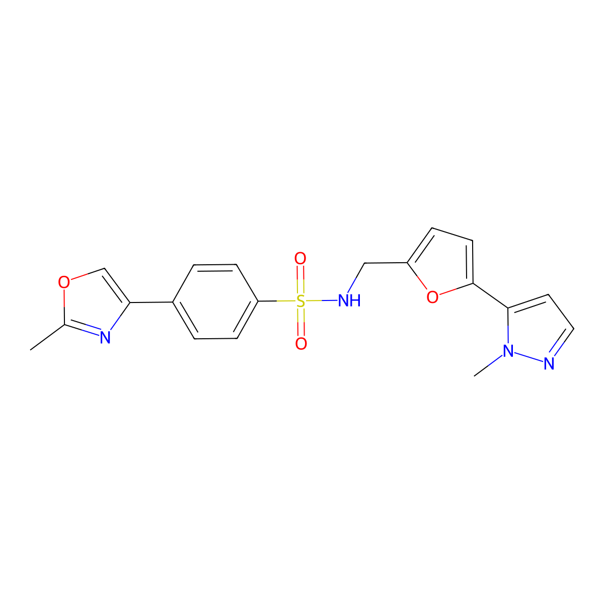4-(2-methyl-1,3-oxazol-4-yl)-N-{[5-(1-methyl-1H-pyrazol-5-yl)furan-2-yl]methyl}benzene-1-sulfonamide molecular structure, CAS 2415470-33-4