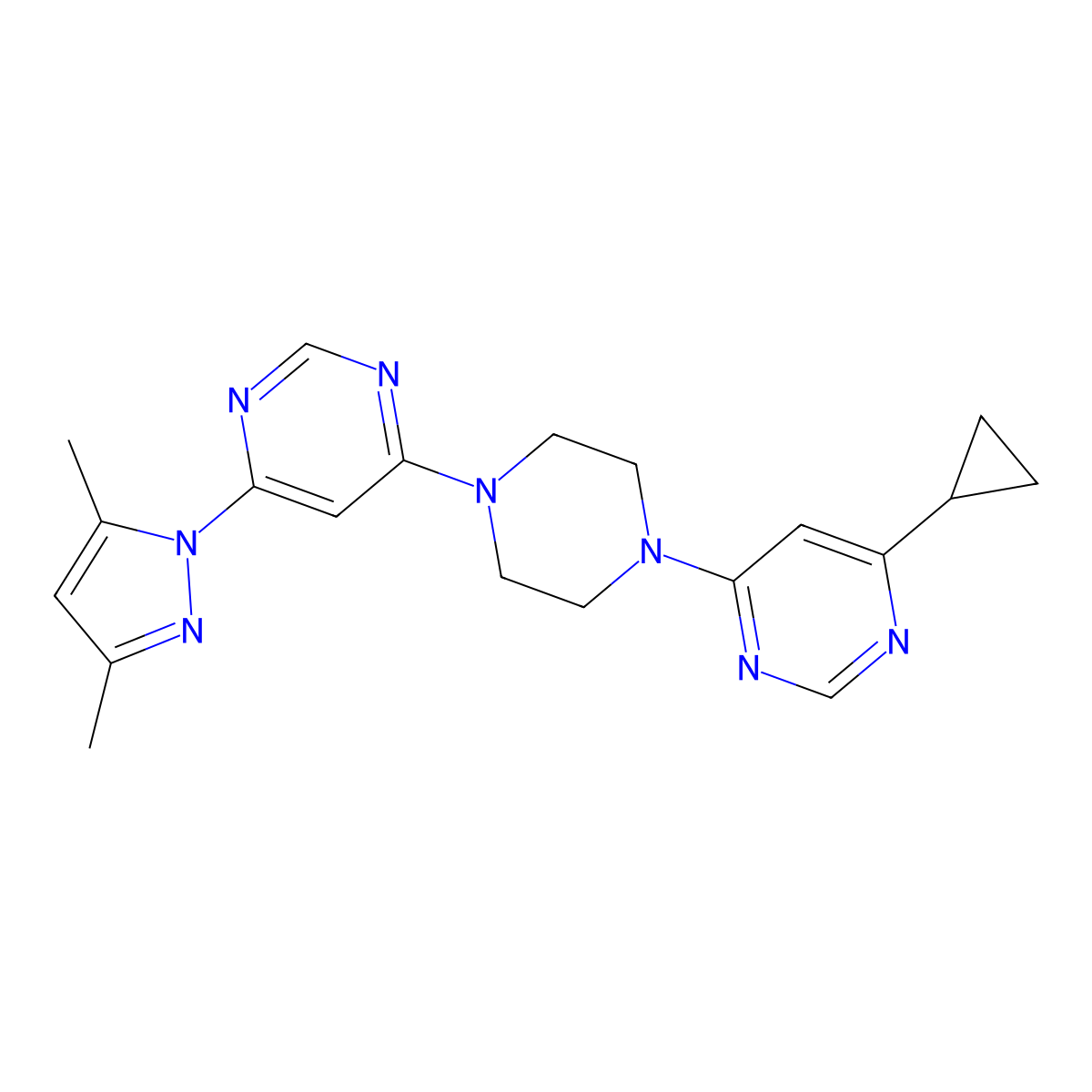 4-[4-(6-cyclopropylpyrimidin-4-yl)piperazin-1-yl]-6-(3,5-dimethyl-1H-pyrazol-1-yl)pyrimidine molecular structure, CAS 2415470-48-1