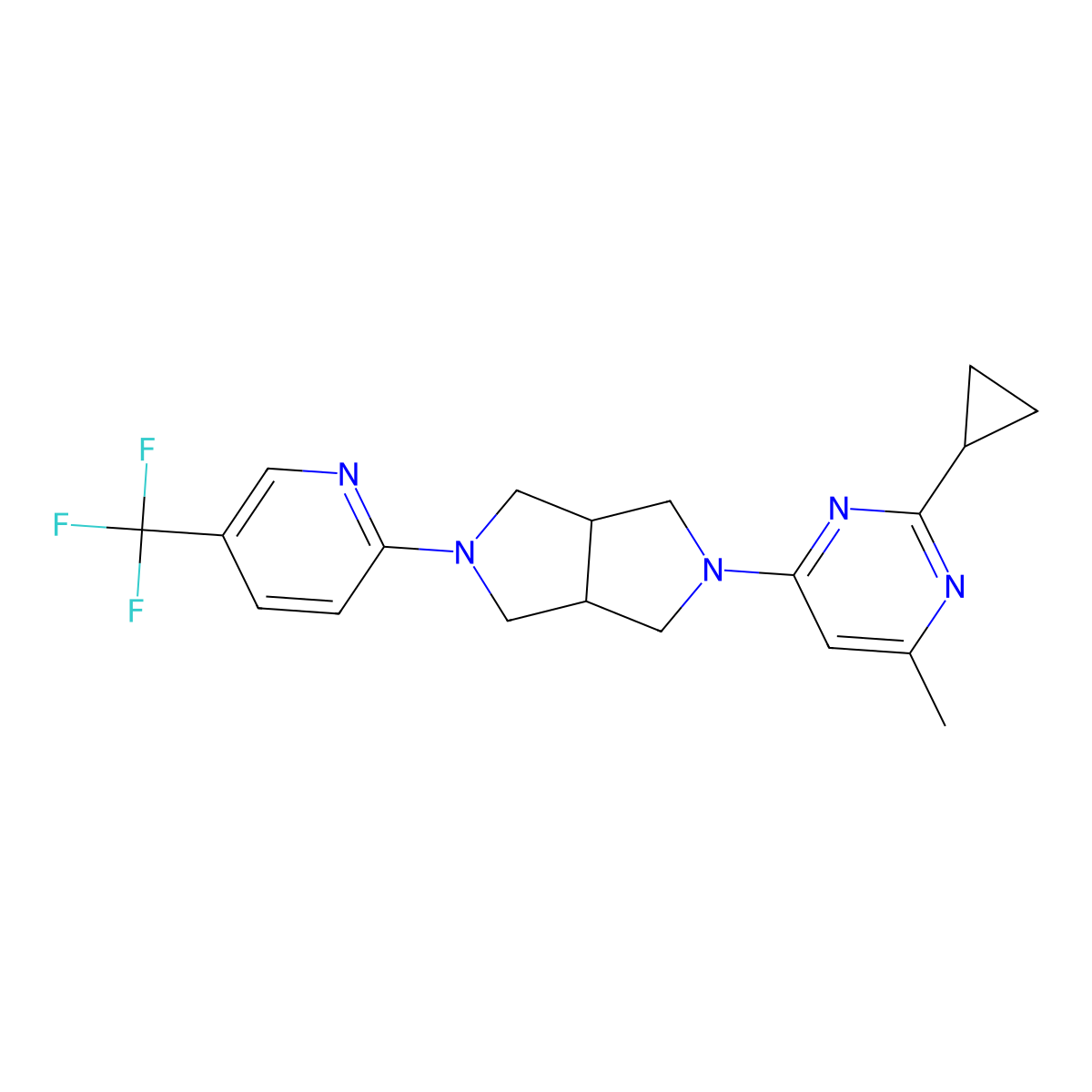 2-Cyclopropyl-4-methyl-6-{5-[5-(trifluoromethyl)pyridin-2-yl]-octahydropyrrolo[3,4-c]pyrrol-2-yl}pyrimidine molecular structure, CAS 2415470-55-0