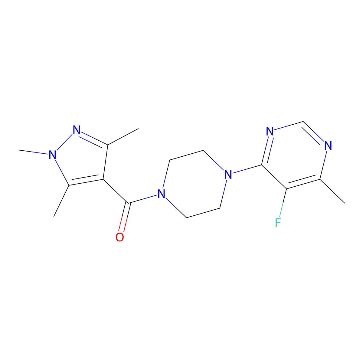 5-fluoro-4-methyl-6-[4-(1,3,5-trimethyl-1H-pyrazole-4-carbonyl)piperazin-1-yl]pyrimidine molecular structure, CAS 2415470-61-8