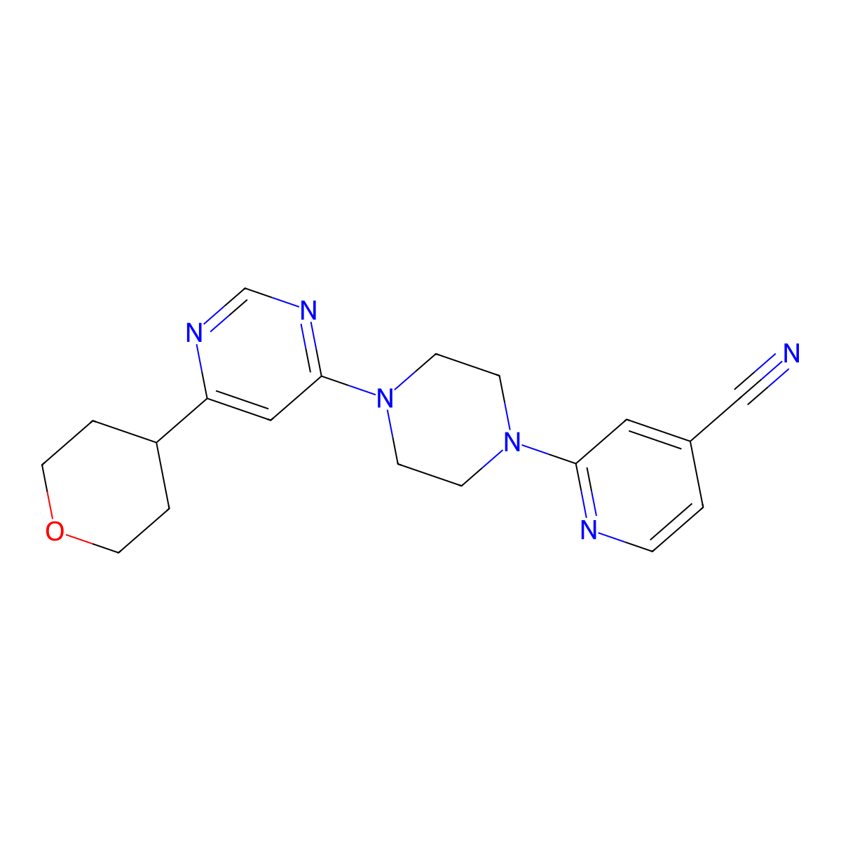 2-{4-[6-(Oxan-4-yl)pyrimidin-4-yl]piperazin-1-yl}pyridine-4-carbonitrile molecular structure, CAS 2415470-64-1