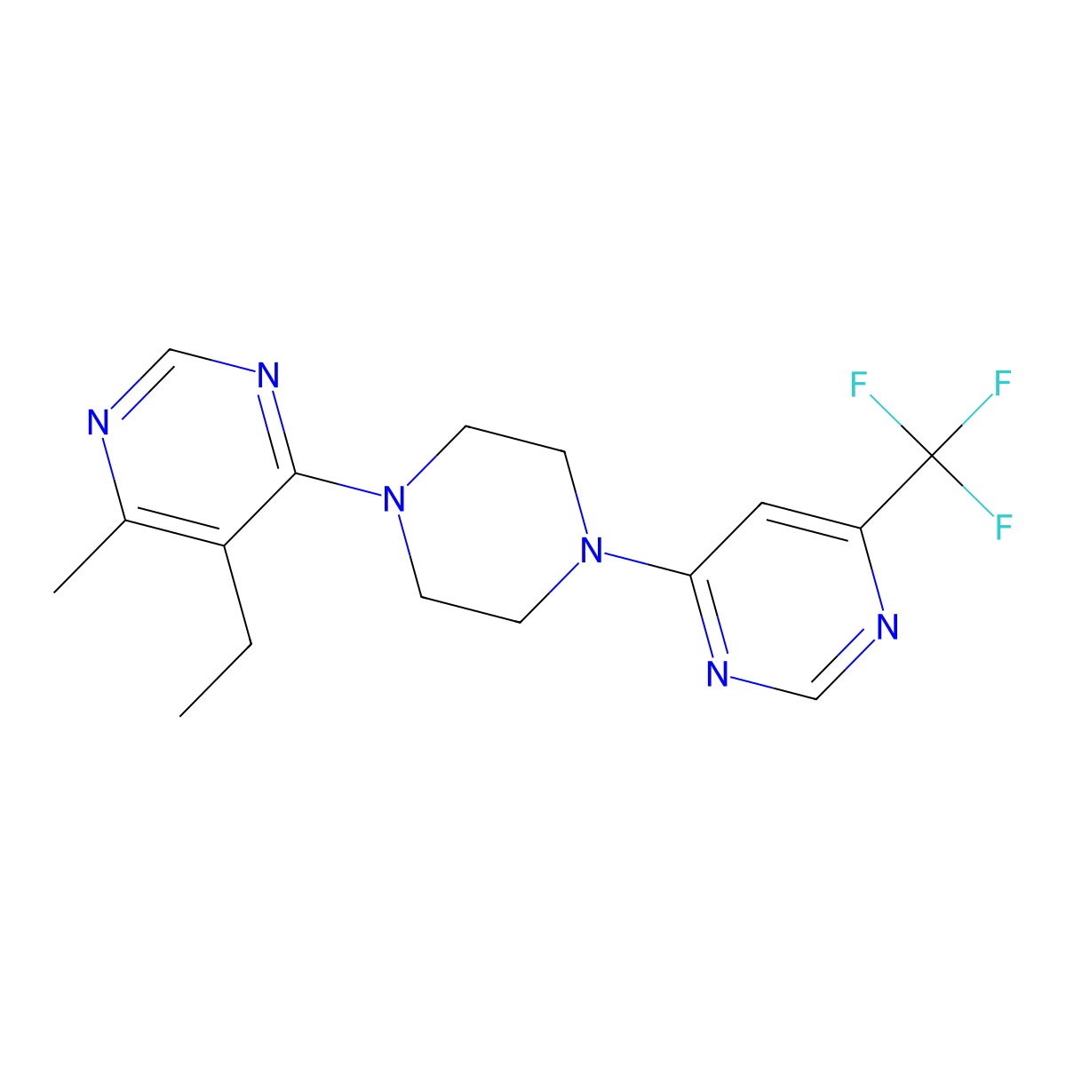 5-Ethyl-4-methyl-6-{4-[6-(trifluoromethyl)pyrimidin-4-yl]piperazin-1-yl}pyrimidine molecular structure, CAS 2415470-81-2