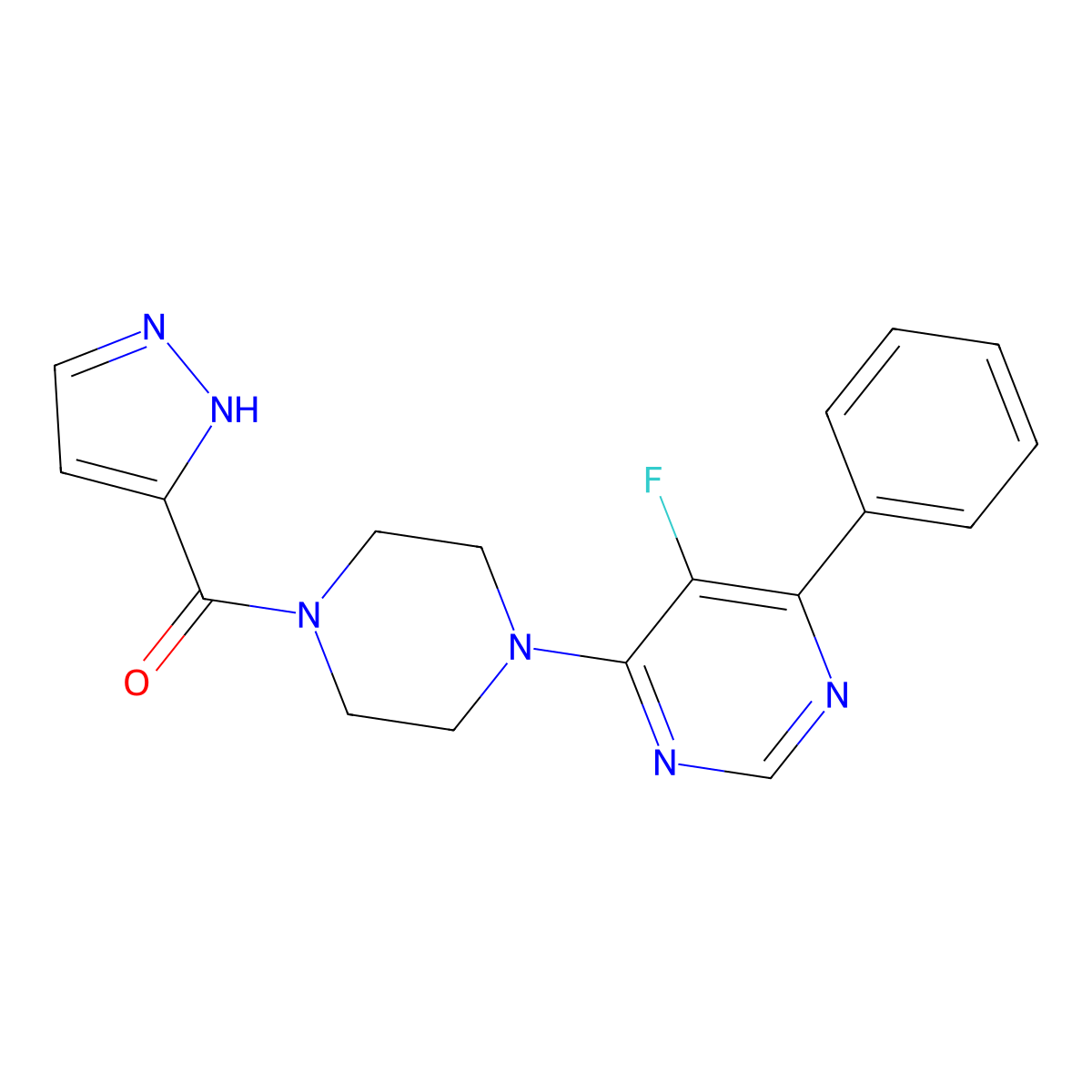 5-fluoro-4-phenyl-6-[4-(1H-pyrazole-3-carbonyl)piperazin-1-yl]pyrimidine molecular structure, CAS 2415470-91-4