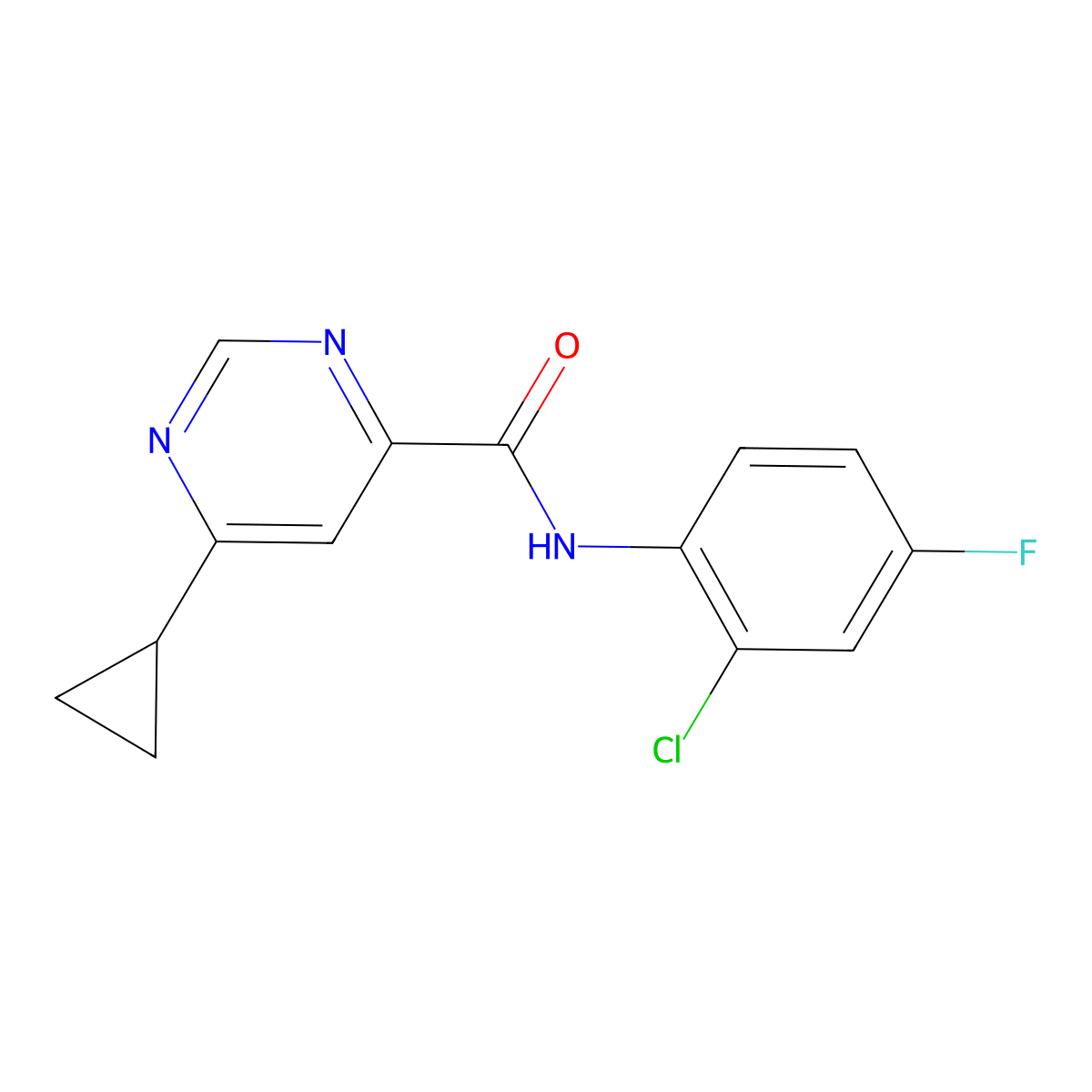 N-(2-Chloro-4-fluorophenyl)-6-cyclopropylpyrimidine-4-carboxamide molecular structure, CAS 2415470-96-9