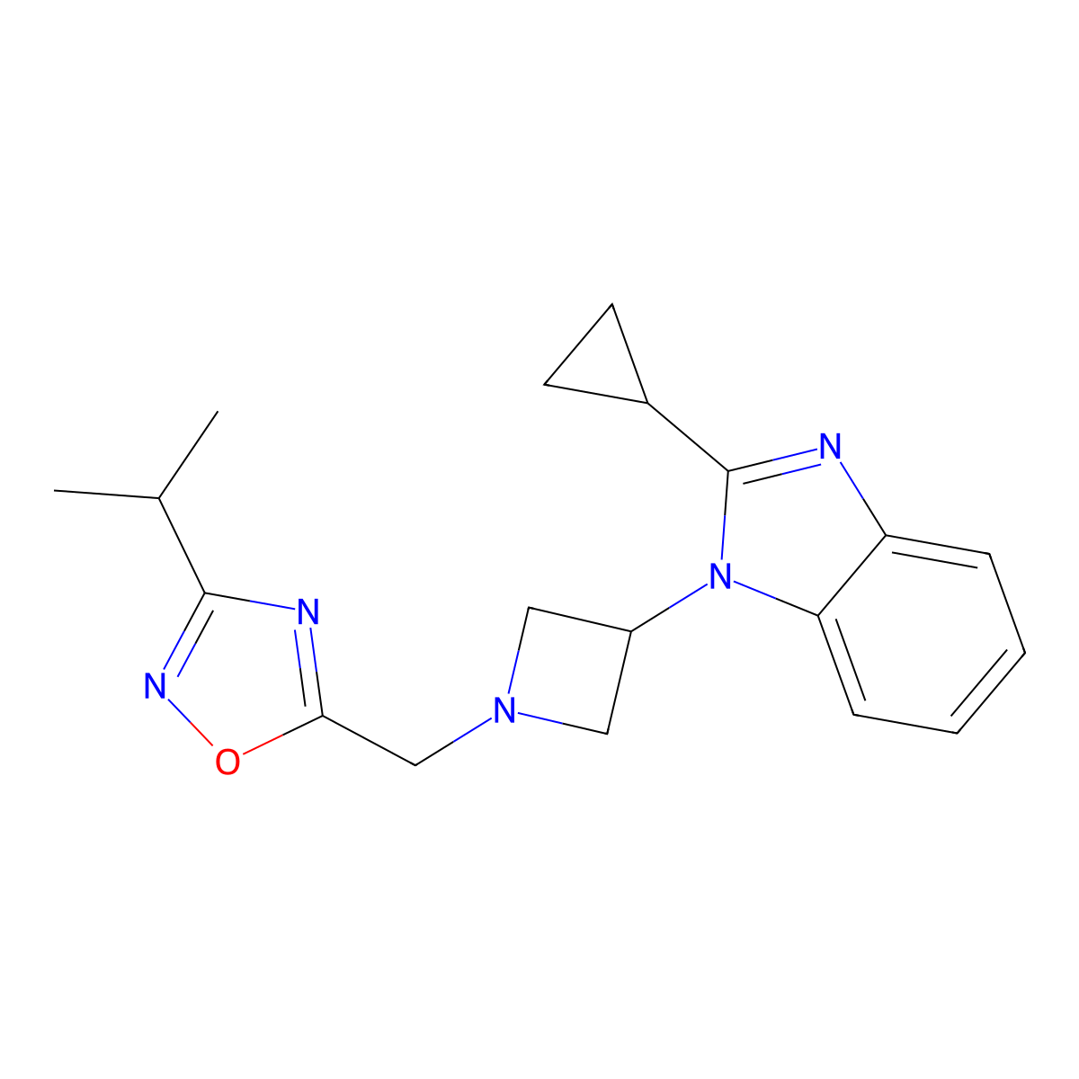 2-cyclopropyl-1-(1-{[3-(propan-2-yl)-1,2,4-oxadiazol-5-yl]methyl}azetidin-3-yl)-1H-1,3-benzodiazole molecular structure, CAS 2415471-01-9