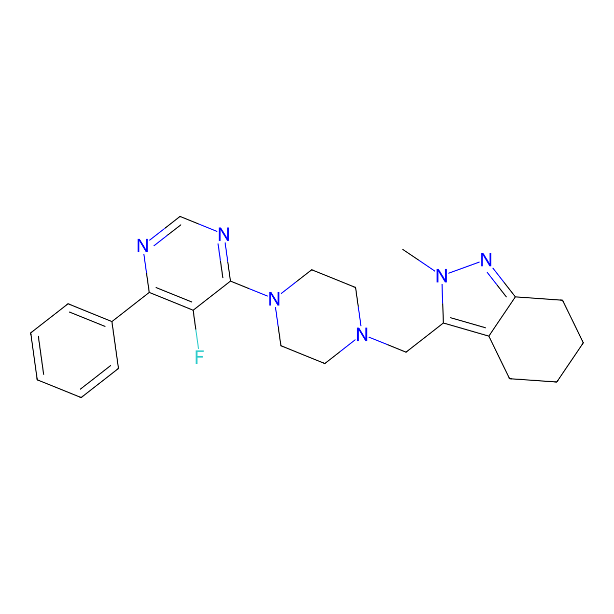 3-{[4-(5-fluoro-6-phenylpyrimidin-4-yl)piperazin-1-yl]methyl}-2-methyl-4,5,6,7-tetrahydro-2H-indazole molecular structure, CAS 2415471-05-3