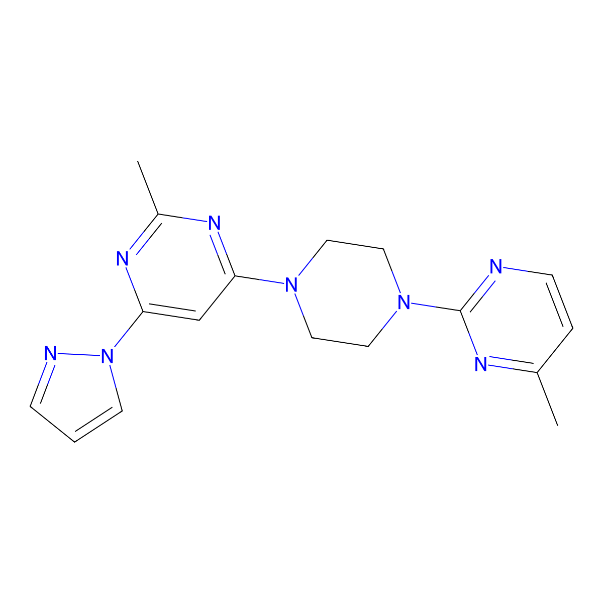 2-methyl-4-[4-(4-methylpyrimidin-2-yl)piperazin-1-yl]-6-(1H-pyrazol-1-yl)pyrimidine molecular structure, CAS 2415471-06-4