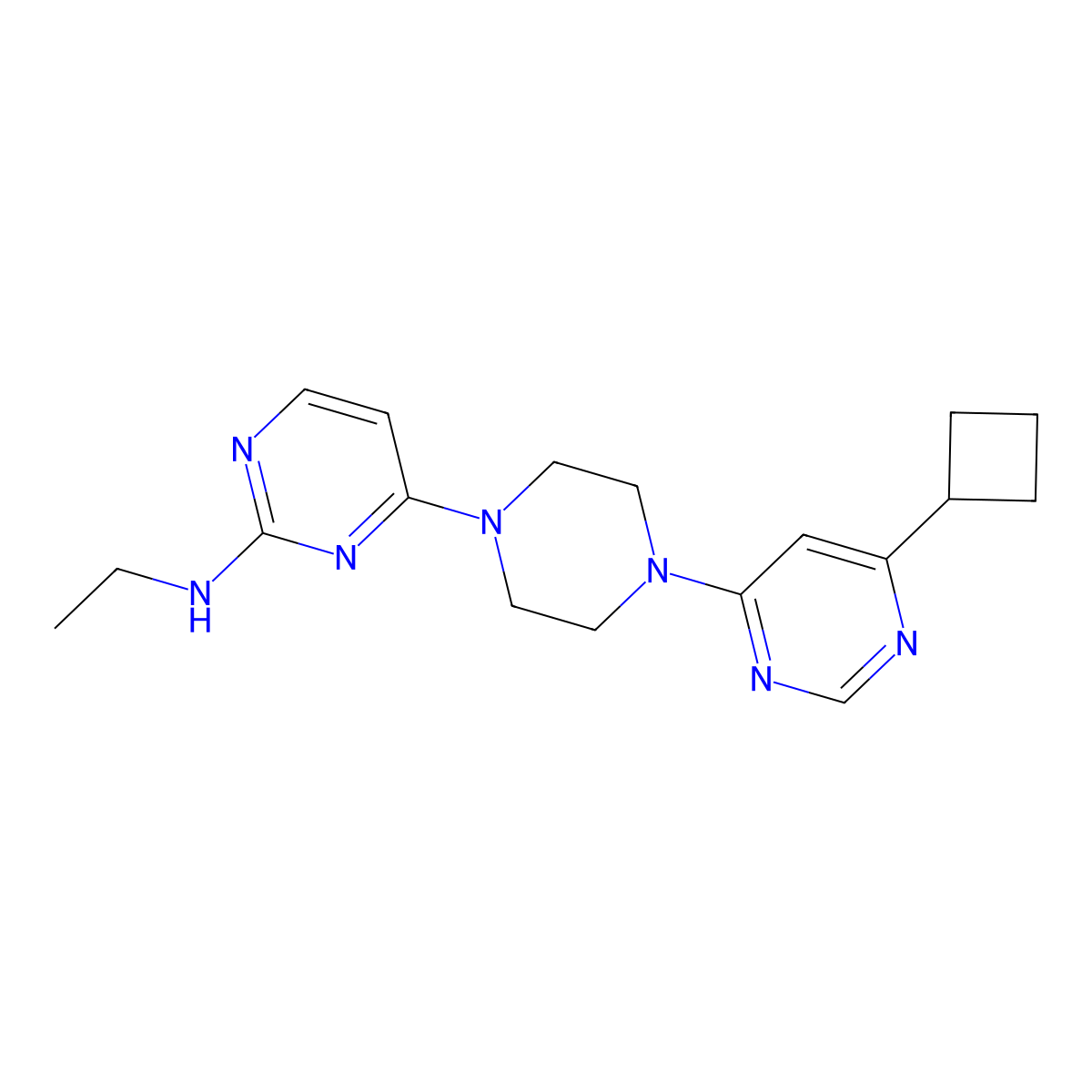 4-[4-(6-cyclobutylpyrimidin-4-yl)piperazin-1-yl]-N-ethylpyrimidin-2-amine molecular structure, CAS 2415471-08-6