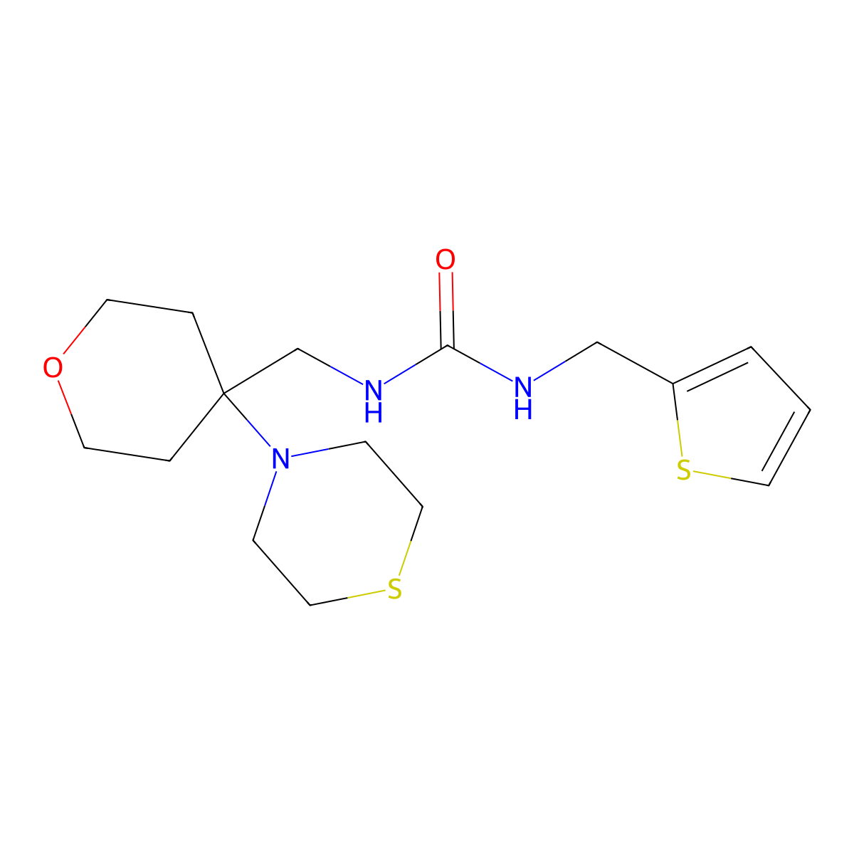 1-{[4-(Thiomorpholin-4-yl)oxan-4-yl]methyl}-3-[(thiophen-2-yl)methyl]urea molecular structure, CAS 2415471-17-7