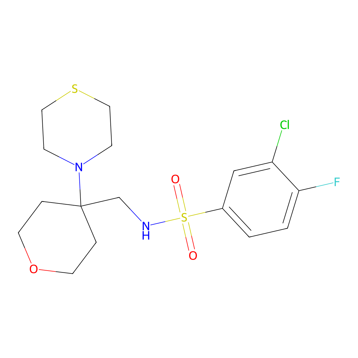 3-chloro-4-fluoro-N-{[4-(thiomorpholin-4-yl)oxan-4-yl]methyl}benzene-1-sulfonamide molecular structure, CAS 2415471-39-3