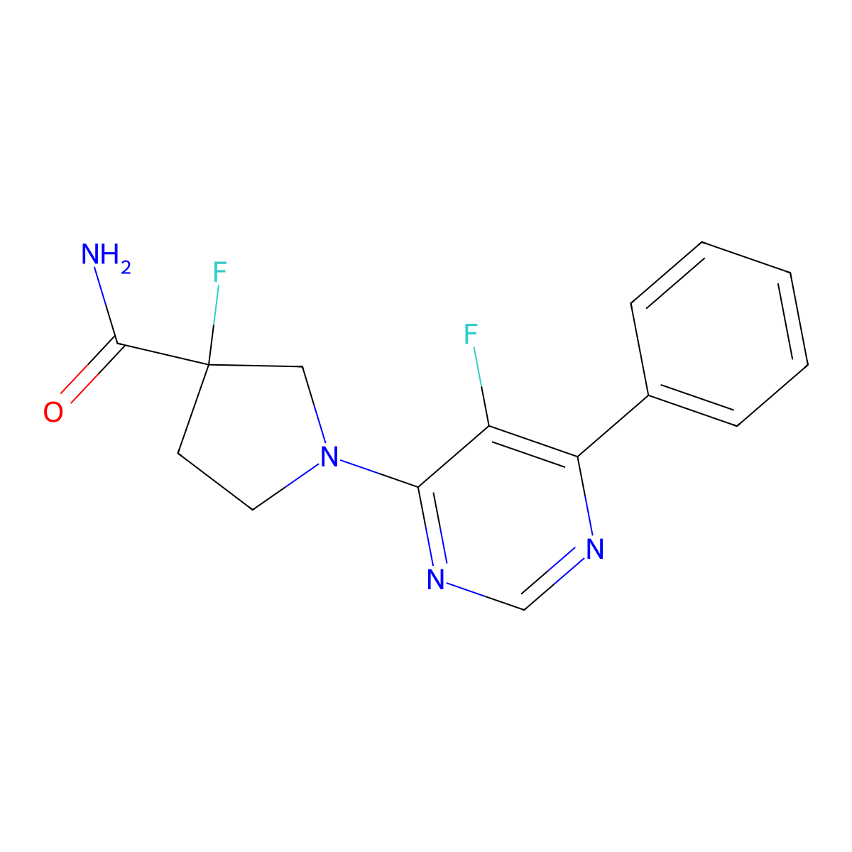 3-Fluoro-1-(5-fluoro-6-phenylpyrimidin-4-yl)pyrrolidine-3-carboxamide molecular structure, CAS 2415471-42-8